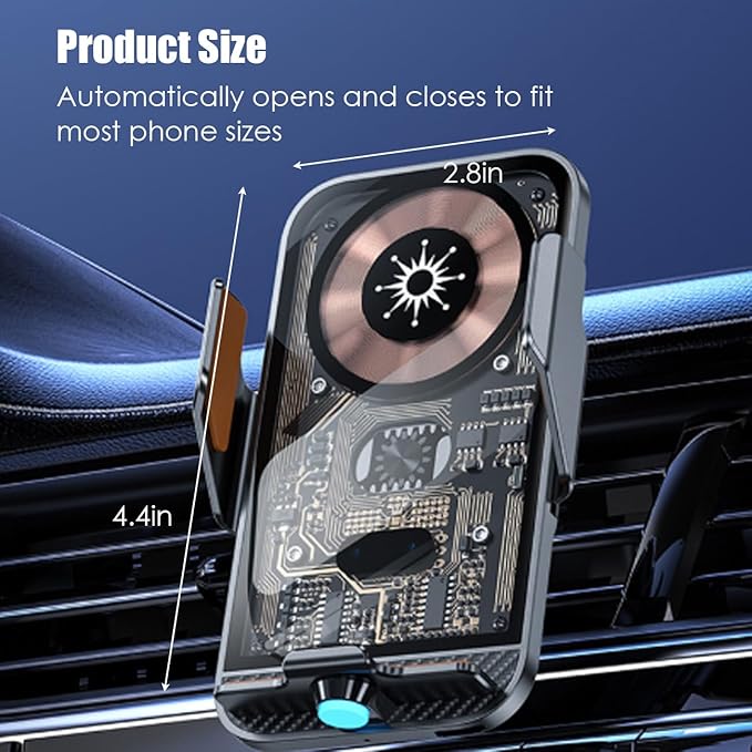 Transparent Wireless Car Charger, Smart 15W Fast Magnetic Charging, Auto-Clamping Wireless Charging Mount, Stable Car Cell Phone Holder Suitable for Magnetically Chargeable Smartphones (Grey)