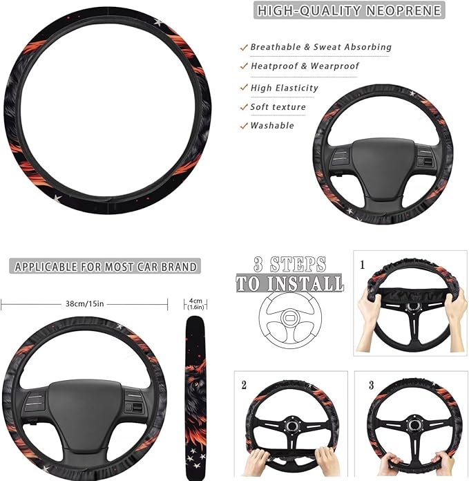 FKELYI Wolf Car Seat Covers Full Set for Men American Flag Non-Slip Seat Protector with Cup Coasters,Gear Shift Cover&Handbrake Cover, Steering Wheel Cover, Headrest Covers
