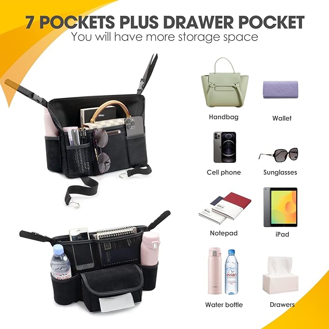 Black Car Handbag Holder Between Seats Suede Car Storage Bag Large Capacity 7 Compartment Purse Phone Ipad Automotive Consoles Organizer Safe Barrier of Pet Kids…