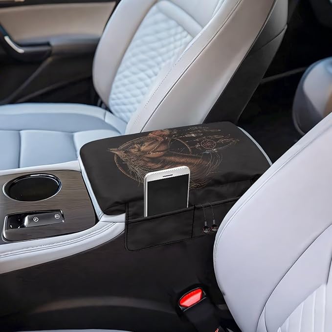 Wanyint Brown Horse Dream Catcher Auto Center Console Cover Armrest Seat Box Pad Protector with Side Storage Pocket Middle Console Pad Arm Rest Protective Cover Car Interior Protection