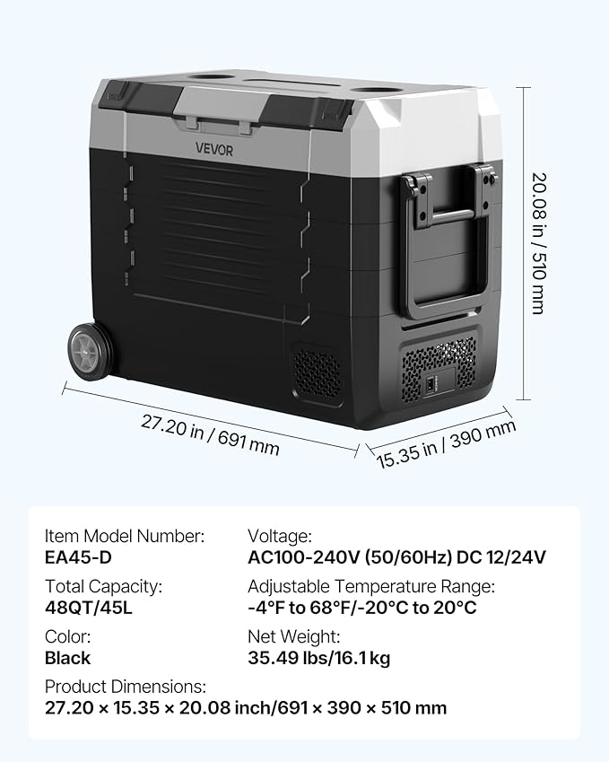 VEVOR Car Refrigerator, DC 12/24V AC100-240V Compressor Electric Cooler, -4°F to 68°F Truck Refrigerator with APP Control, Wheels & Dual Zone, 48 QT Cars Cooler for RVs, Boats, Camping, Fishing