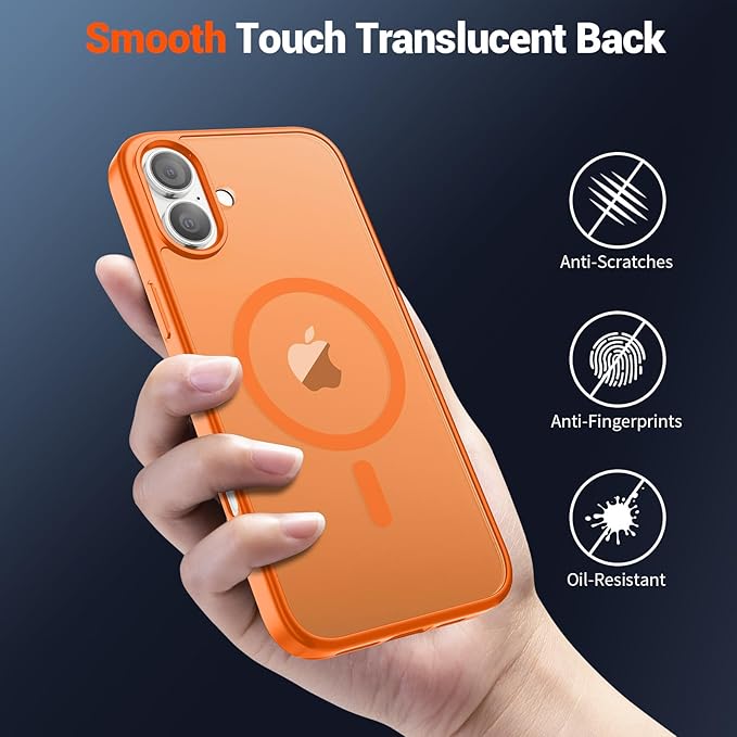 SUPFINE Magnetic for iPhone 16 Plus Case with Screen Protector (Compatible with MagSafe) (Military Grade Drop Protection) Translucent Matte Shockproof Phone Cover,Starry Orange