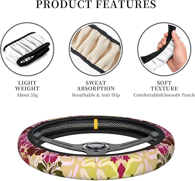 Hawaiian Hibiscus Pattern Car Steering Wheel Cover Anti-Slip Breathable and Sweat Absorption Neoprene Universal 14-15 Inch Inches Car Accessories