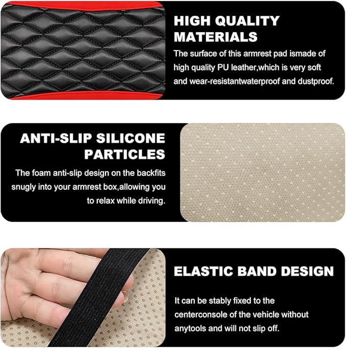 Car Center Console Cushion Pad, 12.6 × 7.48 Inches Waterproof Car Armrest Seat Box Cover, PU Leather Armrest Cover Protector for Most Vehicle, Universal Car Interior Accessories (Black+Red)