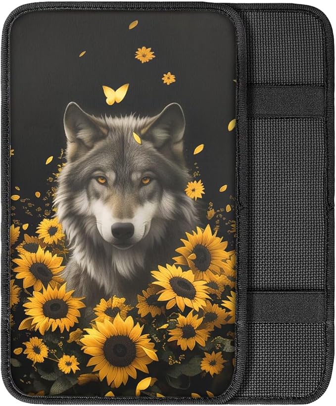 Wolf Sunflower Print Car Center Console Armrest Cover Scratch Proof Neoprene Armrest Cover Pad for Truck Sedan SUV, Universal Car Interior Decor Accessories