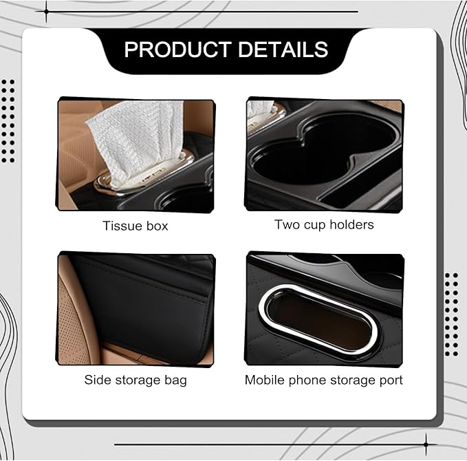 Car Center Console Organizer Armrest Storage Box with 2 Cup Holders-Universal 5-in-1 Leather Cushion Cover,Phone Slot & Tissue Holder for SUV/Sedan(Black)
