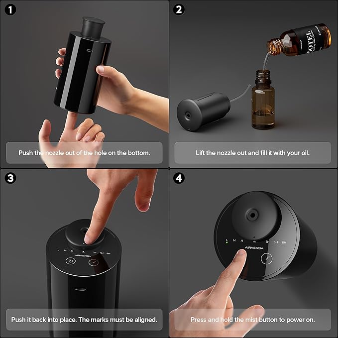Airversa Waterless Essential Oil Diffuser Starter Kit with 30mL Hotel Fragrance Oil Inspired by Blagio, Battery Operated Car Diffuser, Portable Aroma Nebulizer for Home Car Office, AN6Kit-D, Black