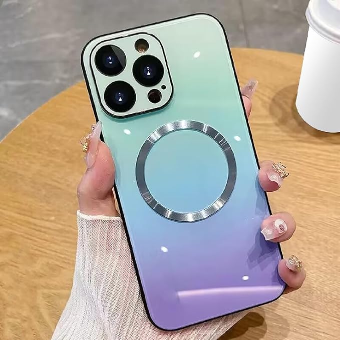 Guppy Compatible with iPhone 16 Pro Case Magnetic, with Full Camera Lens Protector [Compatible with MagSafe] Scratch Resistant Gradient Glass Back Cover Phone Case-Blue