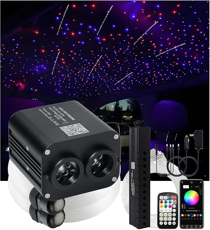 20W RGBW Twinkle APP Dual-Head Pure White Shooting Star Fiber Optic Lights, 1000pcs*0.03in(9.8ft/3m) Optical Fiber Star Ceiling Light Kit for Car Headliner Star/Home
