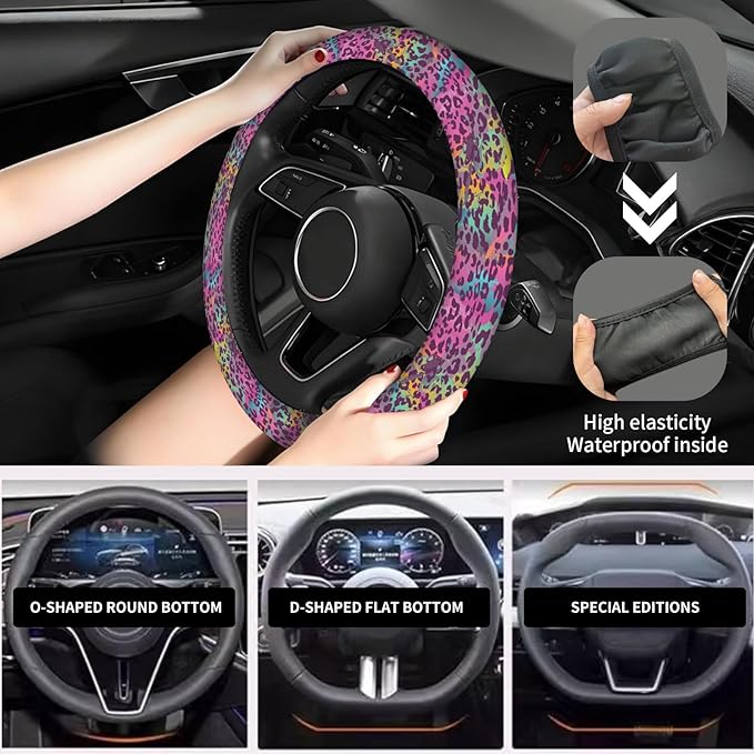 Elastic Car Steering Wheel Cover, Universal 15 inch Non-Slip Breathable Neoprene Steering Wheel Protector, Car Accessories for Women Men Fit Auto, Suvs, Truck Colorful Leopard Print