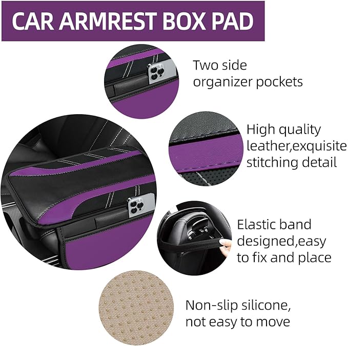 NBTEPEM Purple Center Console Cover, Sporty Leather Armrest Cover Cushion with 2 Storage Pockets, Universal Auto Middle Console Protector, Car Interior Accessories for Most SUV, Truck, Sedan Vehicles