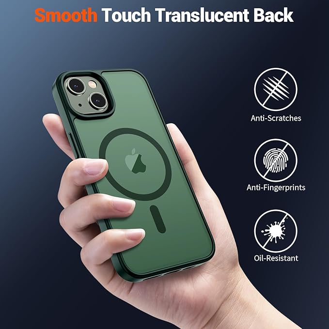 SUPFINE Magnetic for iPhone 15 Plus Case & iPhone 14 Plus Case(Compatible with MagSafe)(Military Grade Drop Protection) Slim Translucent Shockproof with Anti-Fingerprint Phone Case,Forest Green
