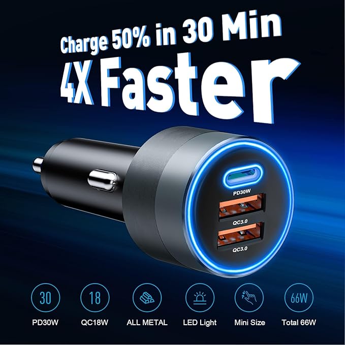 USB C Car Charger for iPhone 16, 66W Car Cigarette Lighter Adapter USB Fast Car Charger PD 30W+Dual QC3.0 [Metal Shell] [Ambient Light] for iPhone 16 15 14 13 Pro Max Samsung Galaxy Note Google Pixel