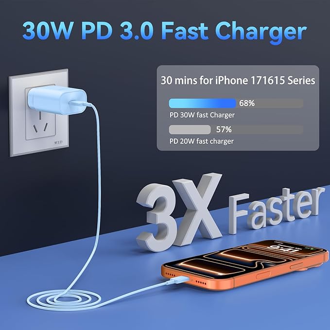 Phone 17 16 15 Charger Fast Charging,30W USB C Phones 17 16 15 Pro Max Charger Block &6.6FT Long Type C Cable Cord for i.Phone 17/17 Air/17Pro/17 Pro Max/16/16 Plus/16 Pro/16Pro Max/15/15 Pro Max,Blue