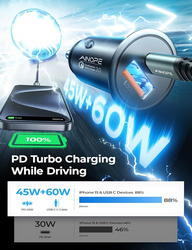 AINOPE 67.5W Car Charger USB C Fast Charging【Mini & Metal】[+ 6.6 FT Type-C Cable] Dual Port PD/QC3.0 Cigarette Lighter USB Charger Adapter for iPhone 17 Pro Max 16 15 Air Samsung Android, Black