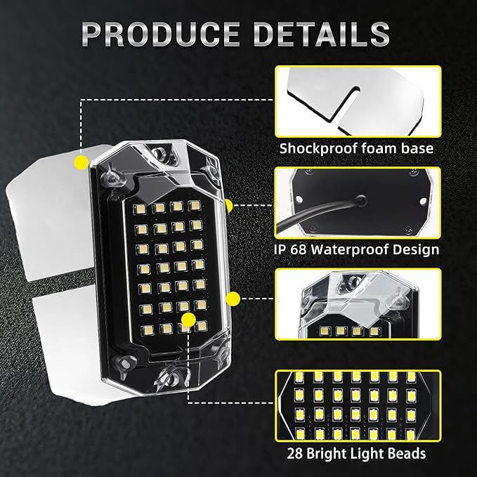 12 Pods Full Angle Pure White LED Rock Lights for Trucks Jeeps Golf Cart Offroad Pickup ATV UTV RZR SUV, 28 LEDs 6500K Super Bright Waterproof White Underglow Kit with Switch Harness Extension Wires