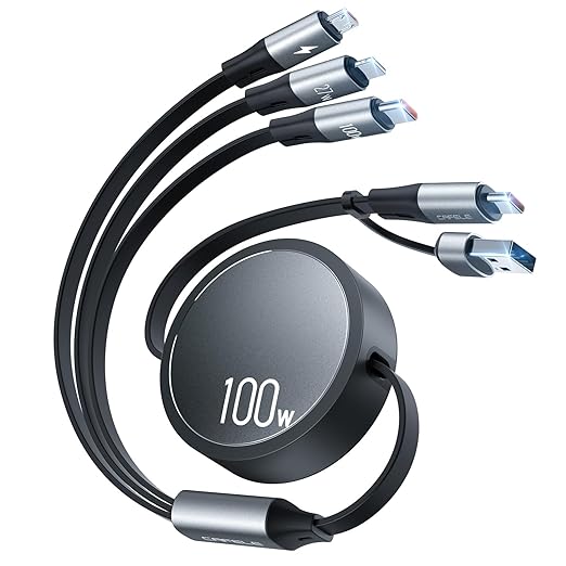 CAFELE 100W Multi Charging Cable, 6-in-1 Retractable USB C/A Cable, 5A Fast Charger Cord for Multiple Devices with Type C/L/Micro Ports for Phone 17 16 15 14 Pro Max, S24/S23, MBook, Pad (4.3ft)