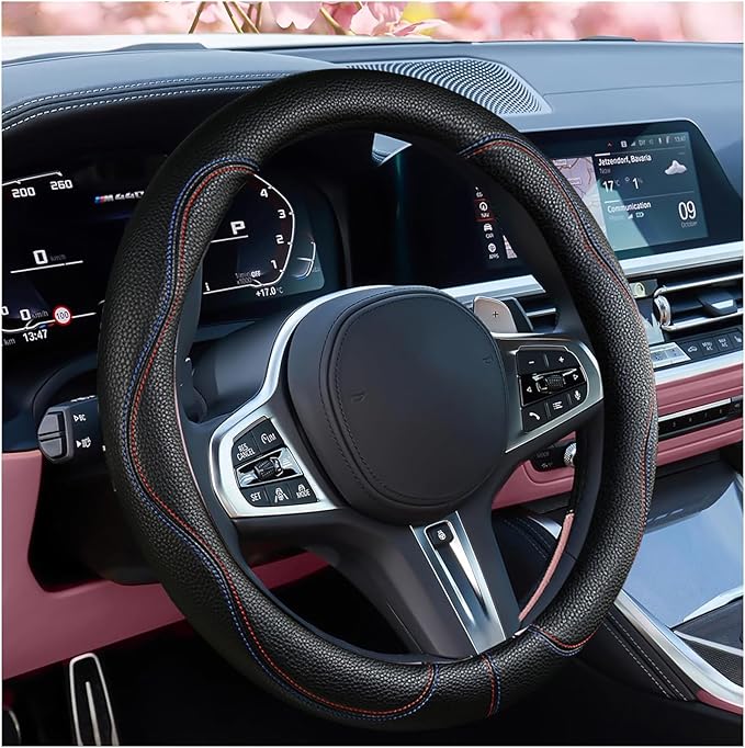 SuperKaKa Car Steering Wheel Cover 2025, Universal Auto PU Cute Breathable Slip-Proof Comfort Imitation Leather Protector Cars Interior Accessories for Women Men Fit Most Vehicle (Black)