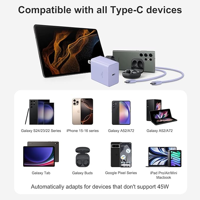45W Type C Charger, USB C Chargers 2-Pack iPhone 15 16 Charger 6FT with iPhone 16/16 Plus/16 Pro Max/iPhone 15/iPad Pro/AirPods/Galaxy S25 S24 S23 S22 S21,Android Chargers(Purple)