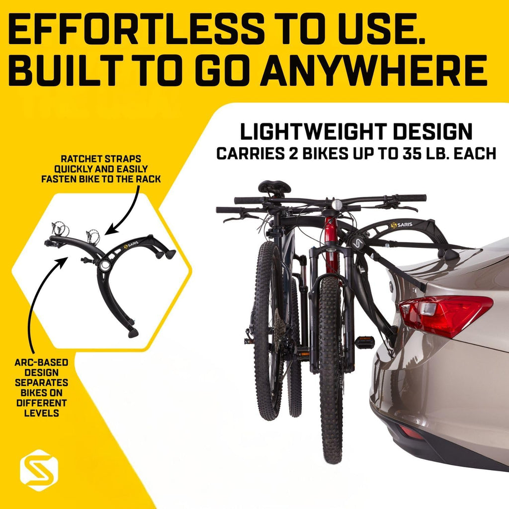 Saris Bones EX 2-Bike Trunk Rack Bicycle Carrier, Durable, Rust-Free, Anti-Sway Straps, Made in USA, Arc-Based Design, 100% Recyclable Materials