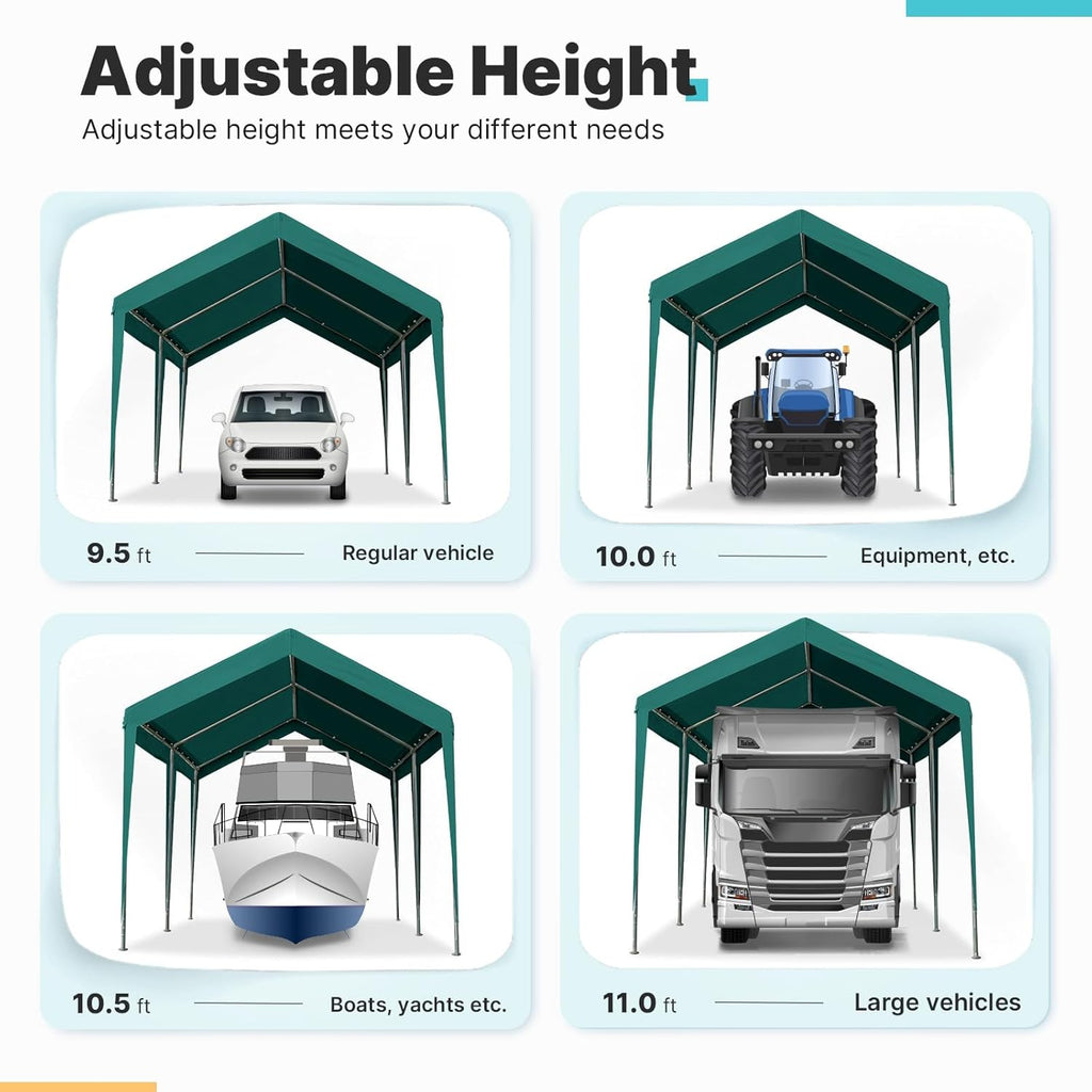 ADVANCE OUTDOOR Adjustable 10x20 ft Heavy Duty Carport Car Canopy Garage Boat Shelter Party Tent, Adjustable Height from 9.5 ft to 11 ft, Green