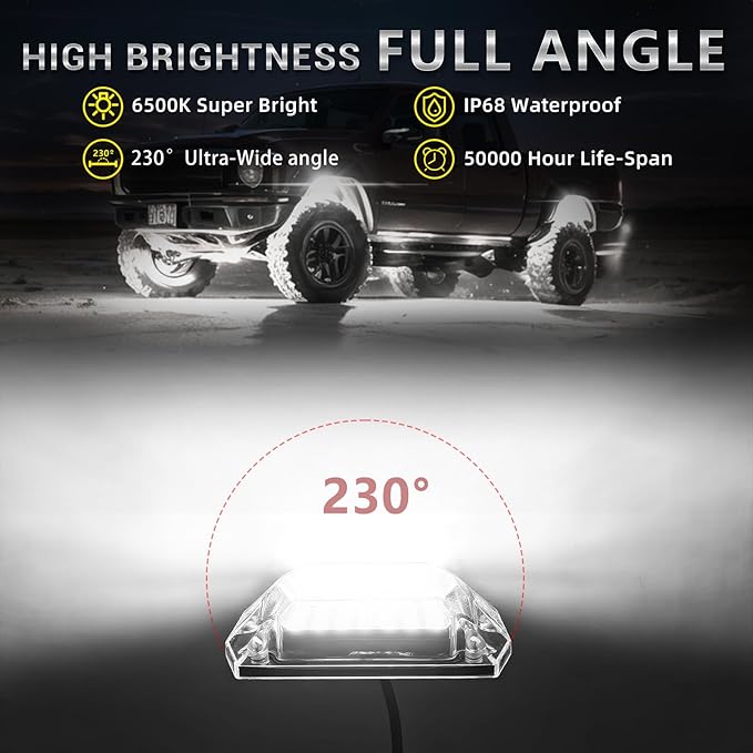 12 Pods Full Angle Pure White LED Rock Lights for Trucks Jeeps Golf Cart Offroad Pickup ATV UTV RZR SUV, 28 LEDs 6500K Super Bright Waterproof White Underglow Kit with Switch Harness Extension Wires