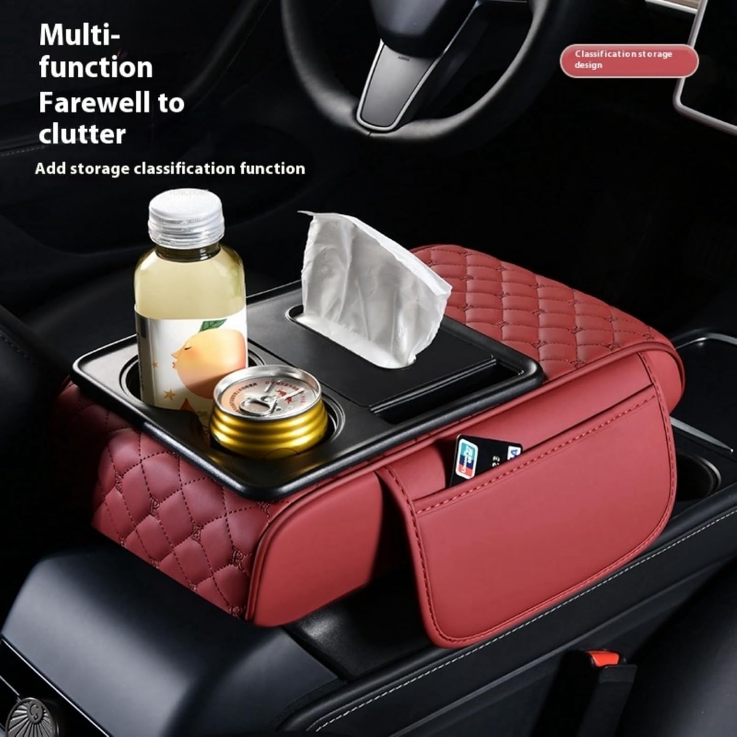 Center Console Cover Organizer, 5-In-1 Arm Rest Cover for Car with Cup Holder & Storage Pocket & Tissue Holder, Armrest Cover Cushion Pad, Grid, Rose-Tinted