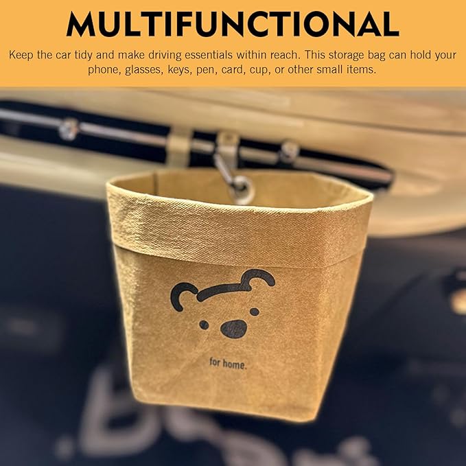 Car Storage Bag, 3.94" x 5.12" Washable Reusable Cute Bear Kraft Paper Car Organizer, Foldable Air Vent Mounted Trash Can, Back Seat Hanging Storage Box for Sunglasses Phone Card Key (Brown)