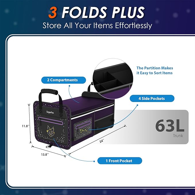 SugarFox 63L Car Trunk Organizer for SUVs & Small/Midsize Cars - Fluorescent Design, Waterproof, Collapsible with Adjustable Straps (Purple-M004)