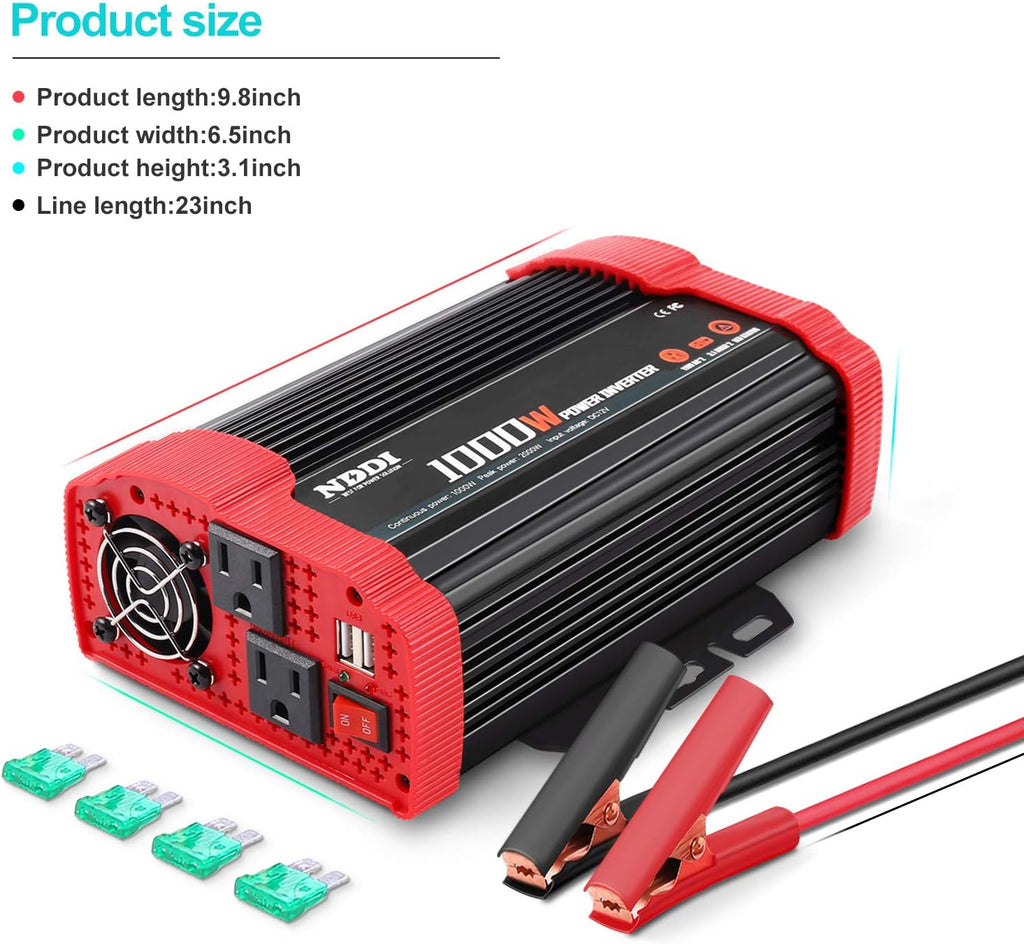 1000W Car Power Inverter, DC 12V to AC 110V Car Inverter with Dual AC Outlets and Dual 3.1A Quick Charging USB Port Car Adapter