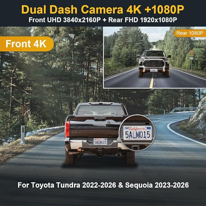Fitcamx Front 4K+Rear 1080P Dash Cam Adapts for Toyota Tundra 2022-2026 Hybrid & Sequoia 2023-2026 (Gen3), OEM Look, 2 Way HD Video, WiFi & APP, Loop Recording, G-Sensor, Easy to Use, 128GB Card