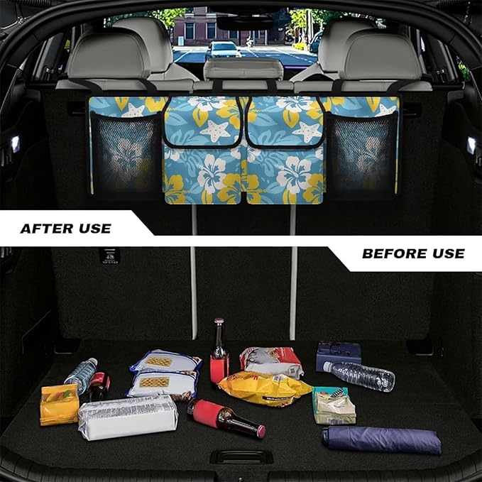 Hawaii Hibiscus Flowers Car Trunk Organizer Starfish Palm Leaf Multipurpose Cargo Bag for SUV,Truck,Van Back Seat Car Organizer