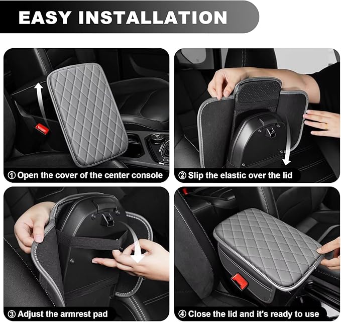 Upgraded Car Center Console Cover Fit for Avalon Faux Leather Car Armrest Cover Cushion with 2 Storage Bags,Car Armrest Storage Box Interior Accessories(Grey&Whiteline)