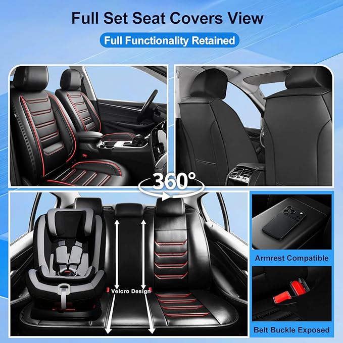 Fit Colorado Car Seat Covers (Front Pair) for Select Chevy/Chevrolet Colorado 2015-2026 - Premium Full Coverage Leather, Waterproof & All Weather Seat Cushion Protector, Black with Red Trim