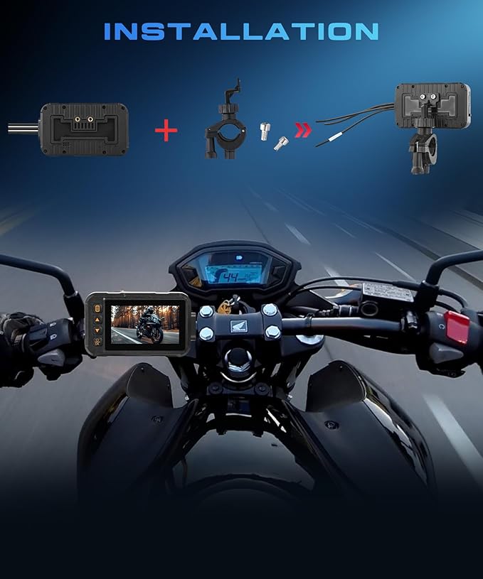 Dual Channel Dash Cam for Motorcycle, 3" HD IPS Screen, 720P Front and 480P Rear, Parking Monitoring, G-Sensor, Motion Sensing, Loop Recording, IP67 & HDR, for All Motorcycles