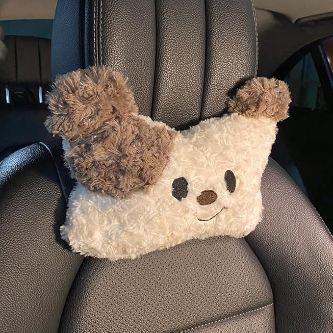 Car Seat Cushions Headrest and Lumbar Support Pillow Set Cute Bear Soft Plush Neck Cushion and Back Support for Long Driving Travel Comfort