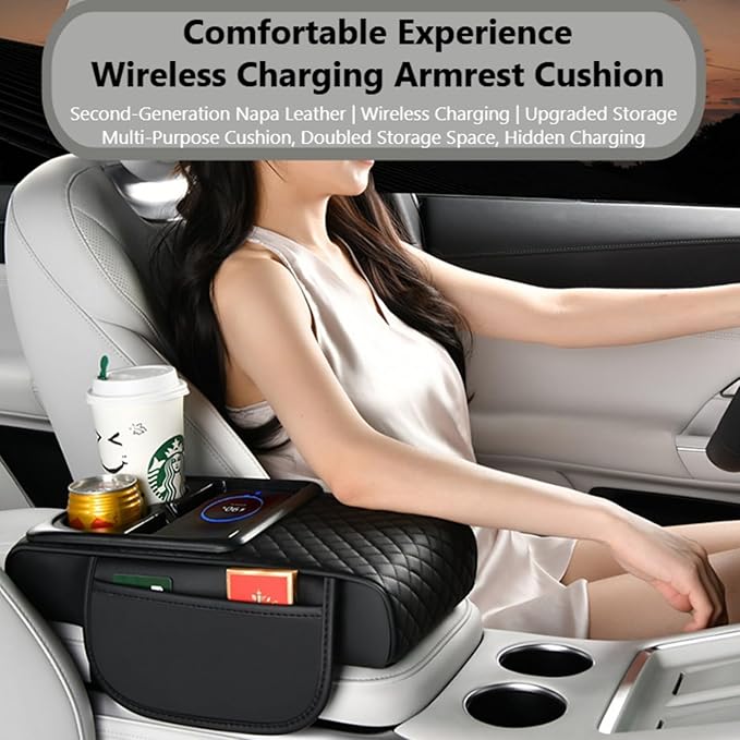 Car Armrest Pad with Built-in Induction Charging, Leather Center Console Cushion with 15W Power Pad, Dual Cup Holders, Storage Pockets - Red