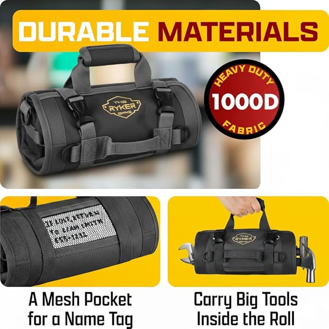 The Ryker Roll Up Tool Bag Organizer Gifts for Dad. Heavy Duty Motorcycle Tool Roll Bag Organizer. Portable Rollup Toolbag w/Detachable Pouches - Tools Bags Mens gifts for him/Mechanic (Black)