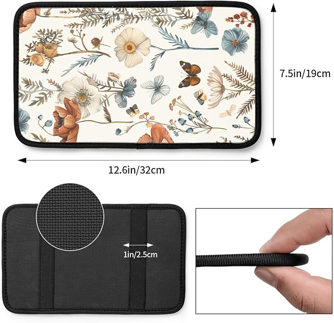 Universal Car Center Console Cushion Pad, Watercolor Flowers Botanicals Soft Waterproof Car Center Console Cover Auto Armrest Seat Box Cover Protector for Most Vehicle SUV Truck Car