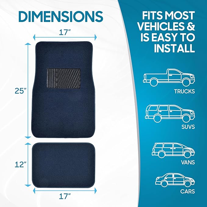BDK Premium Blue Carpet Floor Mats for Cars - Universal Fit Interior 4-Piece Car Mats Full Set with Vinyl Heel Pad Protector - Cute Car Accessories Interior Floor Covers for SUVs & Trucks