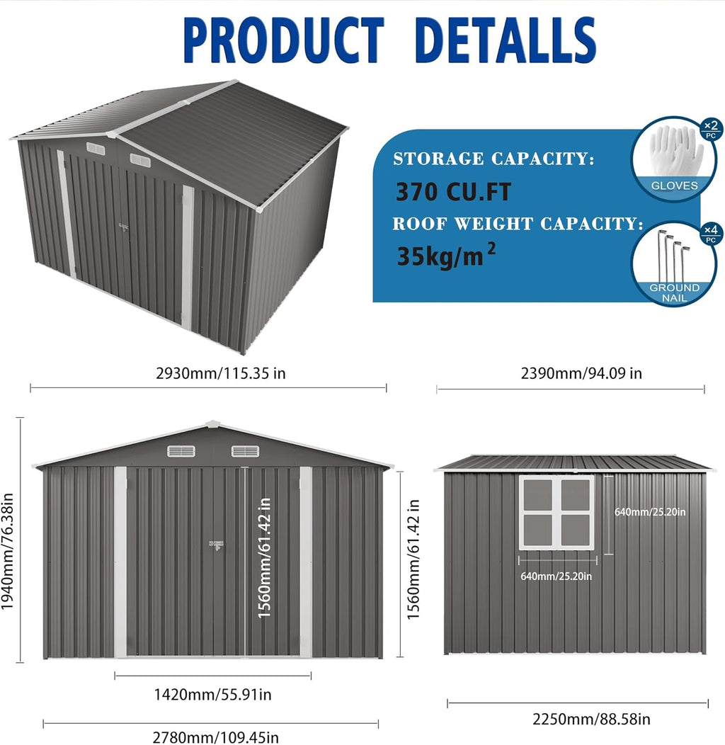10 x 8 FT Large Outdoor Storage Shed w/Lockable Door, Heavy Duty Metal Garden Sheds with Clear Window and Air Vents, Waterproof Tool House for Bicycles, Tools, Backyards, Patios, Lawns, Gray