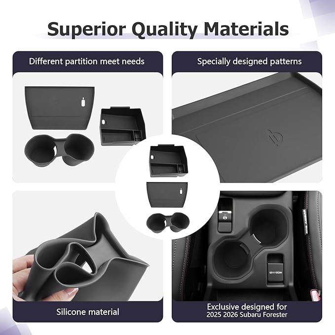 LUWU for 2025 2026 Subaru Forester Accessories Compatible with 2025 2026 Forester Wireless Charging Anti-Slip Mat - Center Console Cup Holder - Armrest Console Secondary Storage Box Insert Tray 3-Pack