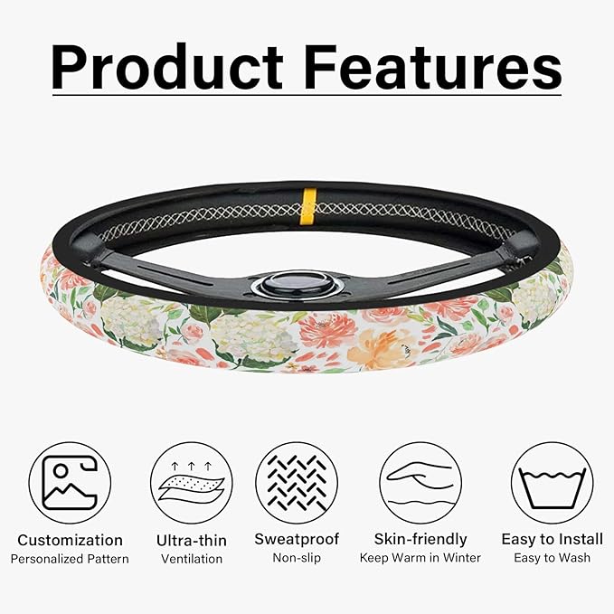 Colorful Flowers Steering Wheel Cover, Cute Printing Steering Wheel Cover Protector for Women, Ultra-Thin with Personalized Pattern Design, for Steering Wheel with a Diameter of 14.5"-15"