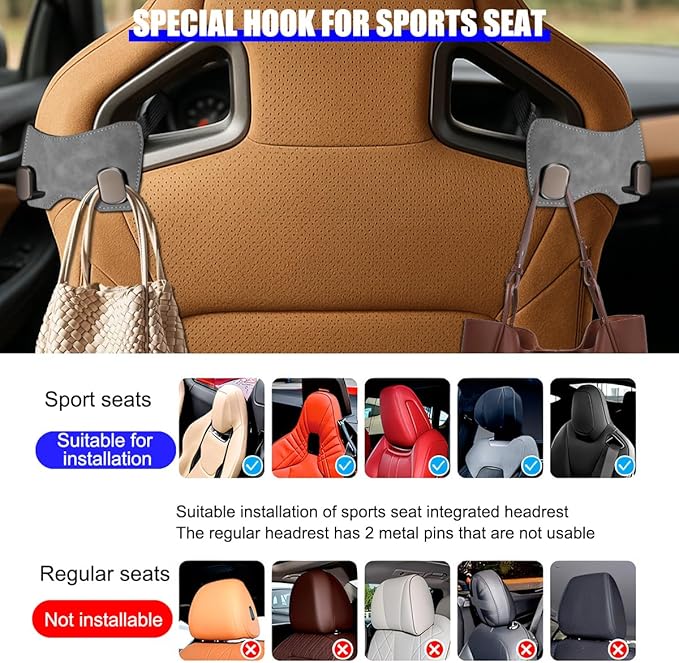 Car Headrest Hook, 2PCS Suede Vehicle Back Seat Storage Hanger with Double Metal Hook, Automotive Seatback Organizer for Purse Handbag Coat, Compatible with Most Sport Seat (Grey)