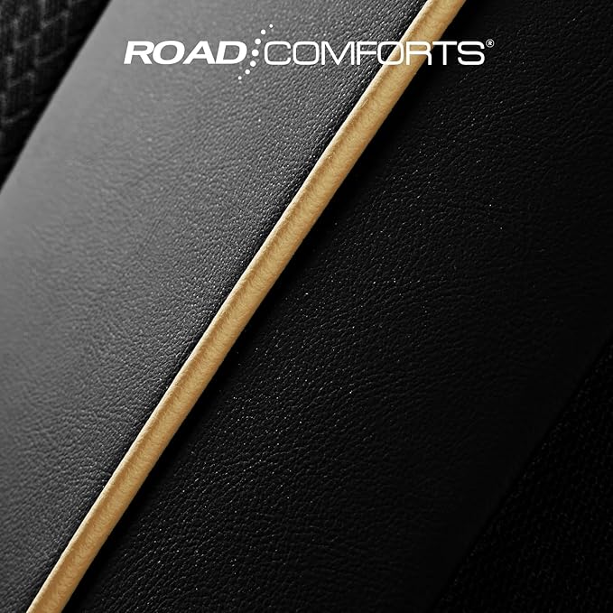 Road Comforts Car Seat Covers, Leather Front Seat Covers with Piping, Air-Cool Mesh Designed, Airbag Compatible Automotive Seat Covers for Most Car, Truck, Van, SUV - Black with Beige Piping