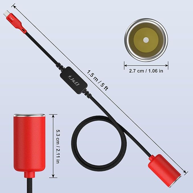 J&D USB C Male to 12V Car Cigarette Lighter Socket Female Converter Cable, 12V 18W Power Cable for Dash Cam, GPS, Car LED Light Strips, Red, 5 ft