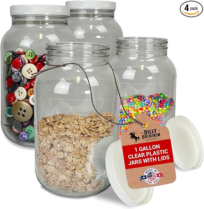 1 Gallon Large Plastic Jars with Lids (4 Pack) - Food Safe & Air Tight - Large Clear Plastic Jars with Lids - Wide Mouth Food Storage Containers - Kitchen & Pantry Organization by Billy Buckskin