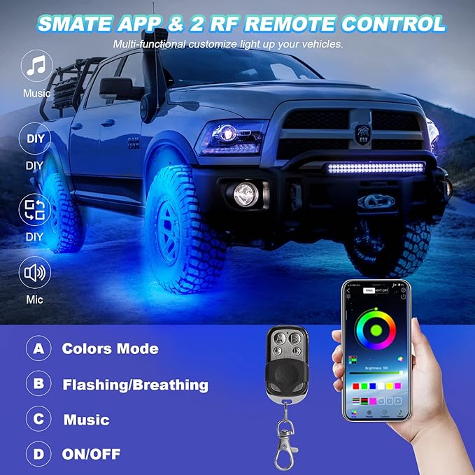 6 Pods RGB LED Rock Lights for UTV ATV Golf Cart Truck RZR Offroad Pickup SUV, Waterproof Multicolor Underglow Kit for Cars with APP Music Mode, Vehicle Underbody Light Underneath Accent 12V