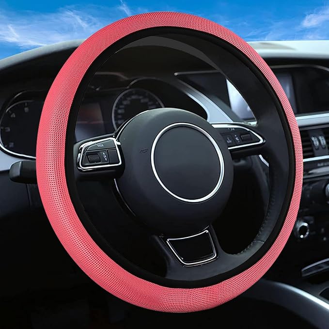 Red Mesh Steering Wheel Cover, Universal 15 inch, Elastic Stretch Microfiber Breathable Ice Silk Cover, Anti-Slip, Odorless, Sweat Absorption, Warm in Winter and Cool in Summer