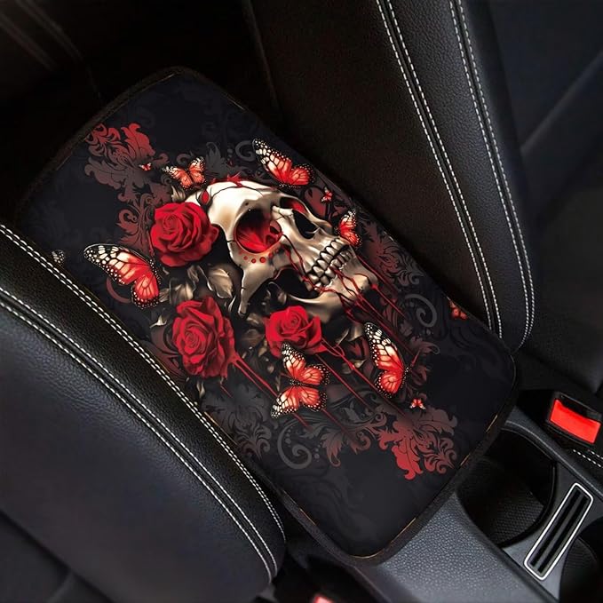 Dreaweet Rose Skull Arm Rest Cover for Car Women Gothic Car Accessories Universal Comfort Center Console Cover Soft Anti-Scratch Vehicle Center Console Armrest Cover Pad